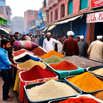 **A bustling marketplace in Lahore, Pakistan, overflowing with colorful textiles, spices, and traditional handicrafts. People are haggling and socializing, showcasing the vibrant culture of Punjab.**