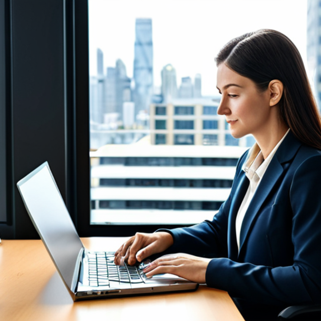 **
"A professional businesswoman in a fully clothed, modest business suit, sitting at a desk in a modern office. She is working on a laptop. Background includes a city view through a window. Safe for work, appropriate content, perfect anatomy, natural proportions, professional photography, family-friendly."
**