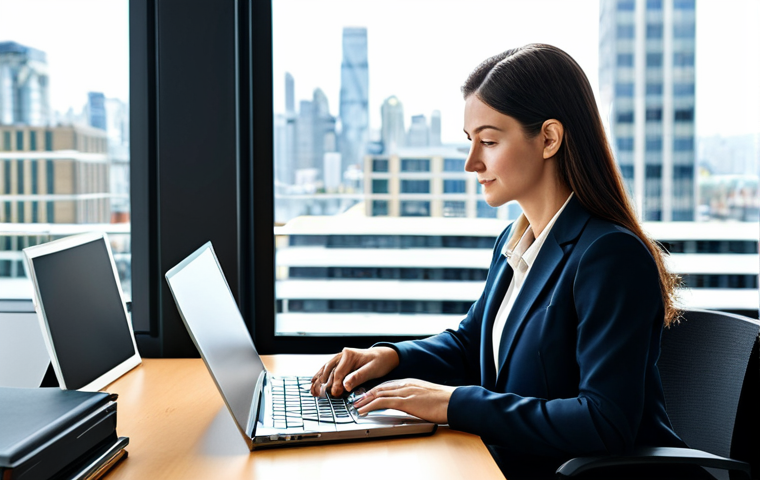 **
"A professional businesswoman in a fully clothed, modest business suit, sitting at a desk in a modern office. She is working on a laptop. Background includes a city view through a window. Safe for work, appropriate content, perfect anatomy, natural proportions, professional photography, family-friendly."
**